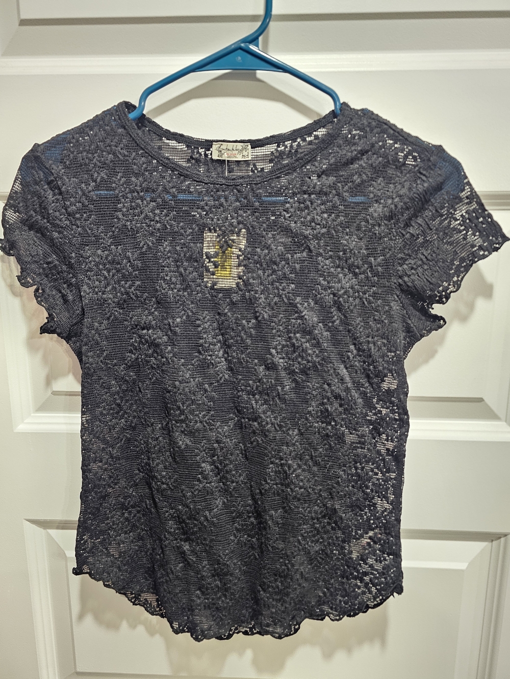 Free People Black Crochet Short Sleeve Tee
